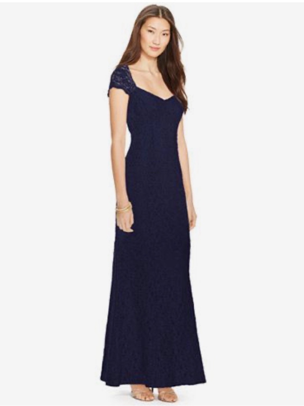 Ralph Lauren Navy Lace Cap-Sleeve Maxi Trumpet Gown